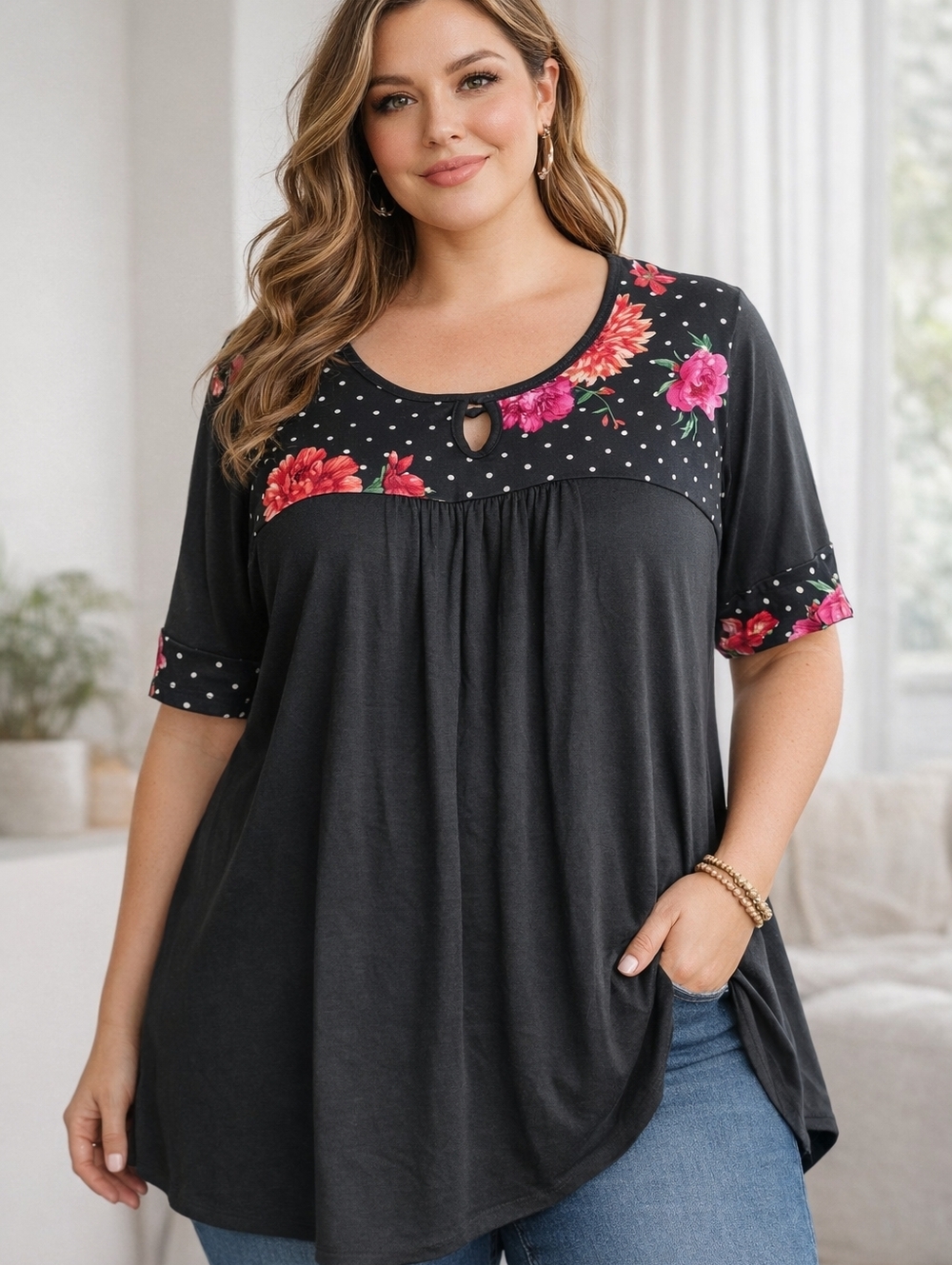 #1104 Cozy Collection Black Floral Tunic Top Boho Babydoll Stretch